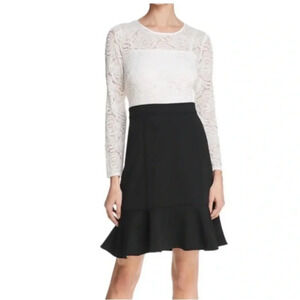 NANETTE NANETTE LEPORE | Black Sheath White Lace Bodice Ruffle Hem Dress Size 12